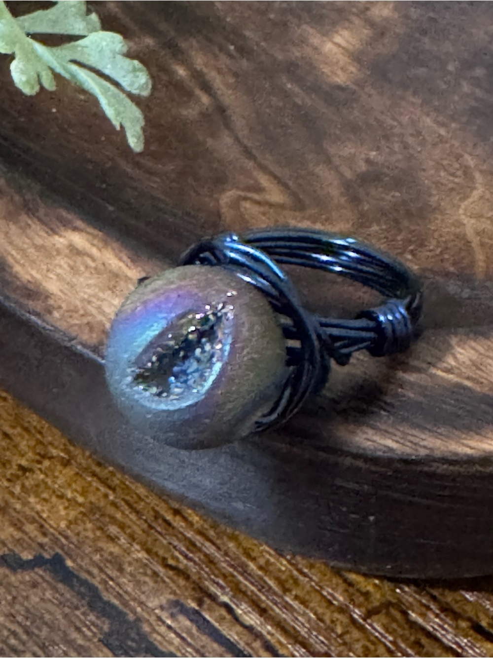 Iridescent Druzy Glass Ring in Blue  Wire 5.5